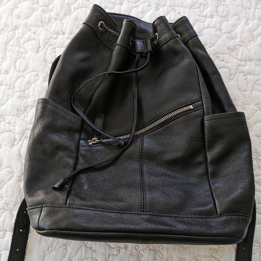 L.L. Bean Black Leather Drawstring Backpack